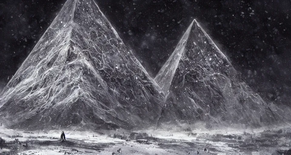 Image similar to black lovecraftian eldritch!! obsidian pyramid!! on a snowy mountain, surrounded by thousands of cultists, snowy, windy, by eugene von guerard, ivan shishkin, night, red lightning!!, storm!, dramatic lighting, concept art, trending on artstation, 8 k