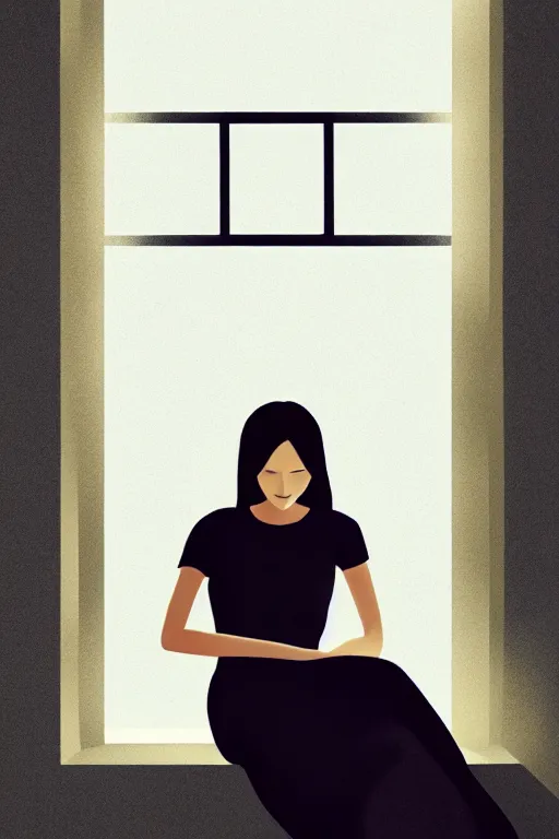 Image similar to joana sitting lookin at window composition : dynamic lighting, digital painting, center of interest, intricate, proportion, highly quality, balance, unity, extremely highly detailed. by bambang nurdianshyah ( details and background ) garis edelweiss ( lighting ) roby dwi antono ( character ) kira ayn varszegi ( dress )