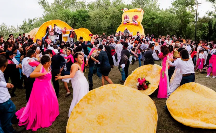 Prompt: a crowd of mexicans dancing around a giant Taco in a wedding,