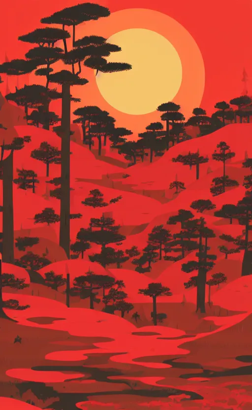 Image similar to hanafuda, a forest of japanese pines, a big red sun in the background, front game card, vector line art, trending on behance, concept art, stunning, matte