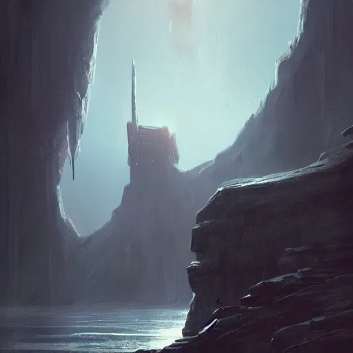 Image similar to star wars concept art by greg rutkowski, a palatial and imposing grey wide tower emerging from a volcano in the middle of a ocean landscape, enigmatic atmosphere, beautiful and cinematic lighting, artstation hq.