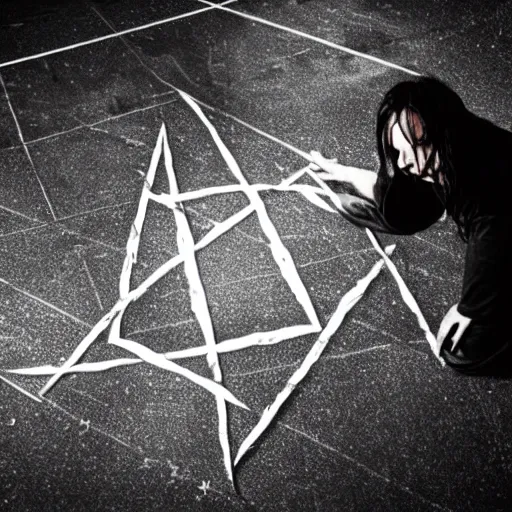 Image similar to a metal musician using a pentagram on the floor to conjure a demon. Candles. Ominous lights. Magic. Horror film still.