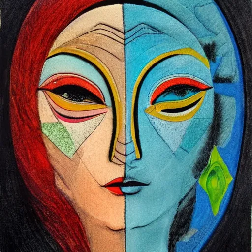 Image similar to Art in the style of Bob Peak, Gaia, Mother Earth, side portrait, mask inside mask