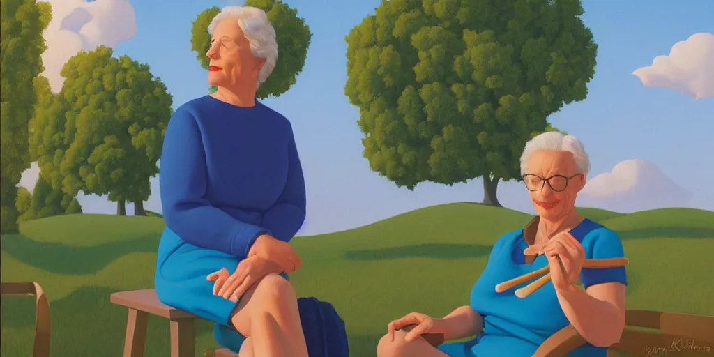 Image similar to knitting grandma, blue sky, summer evening, kenton nelson