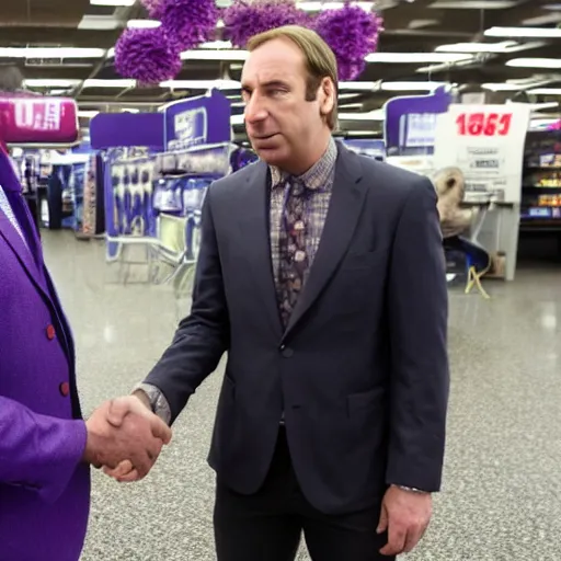 Prompt: saul goodman shaking hands with purple thanos at a walmart