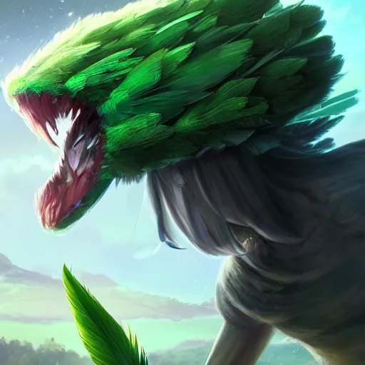 Prompt: a cute beautiful green plant type pokemon with beautiful happy smile, green feathers bursting out of his hair, full body portrait, highly detailed digital art, 3 d perspective, award - winning illustration, aesthetic, smooth, pokemon style, made by greg rutkowski, with an alien landscape in the background