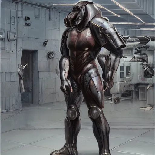 Image similar to an absurdly muscular and huge anthro horse operative, tactical combat bodysuit, leather, corridor of a high - tech facility, highly detailed, digital painting, artstation, concept art, illustration, art by artgerm, greg rutkowski, wlop