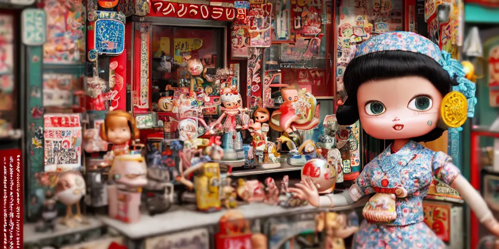 Image similar to closeup portrait of tin toy retro tokyo corner store diorama, depth of field, f 3 2, zeiss lens, detailed, centered, fashion photoshoot, by nicoletta ceccoli, mark ryden, lostfish, breathtaking, 8 k resolution, extremely detailed, beautiful, establishing shot, artistic, hyperrealistic, octane render, - h 8 0 4