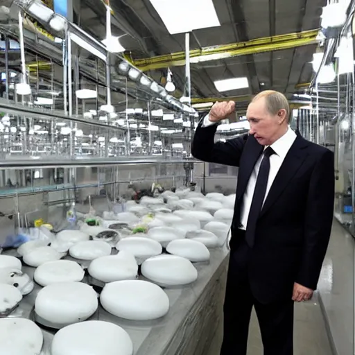 Image similar to vladimir putin inspecting the quality of soap in a soap factory