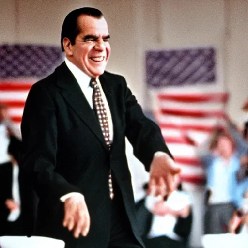 Prompt: President Richard Nixon dancing his heart out. CineStill.
