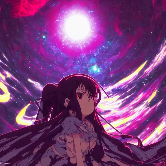 Image similar to close up of Albedo from overlord, close up of mamimi samejima from flcl, psychedelic background, epcot, inside a space station, eye of providence, female anime character, Lain, uwu, uwu, Luminism, surrealism, Ruan Jia, uwu Hi-Fructose, Artstation, HD, HDR, High Resolution, giygas