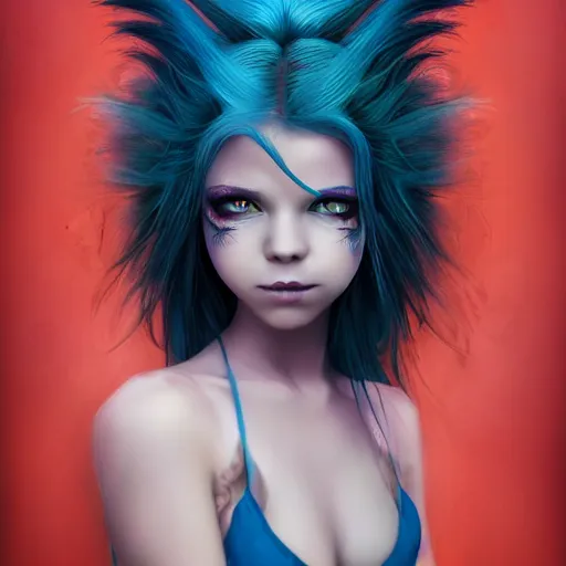 Image similar to The dragon girl portrait, portrait of young girl half dragon half human, dragon girl, dragon skin, dragon eyes, dragon crown, blue hair, long hair, highly detailed, cinematic lighting, by Tim Burton