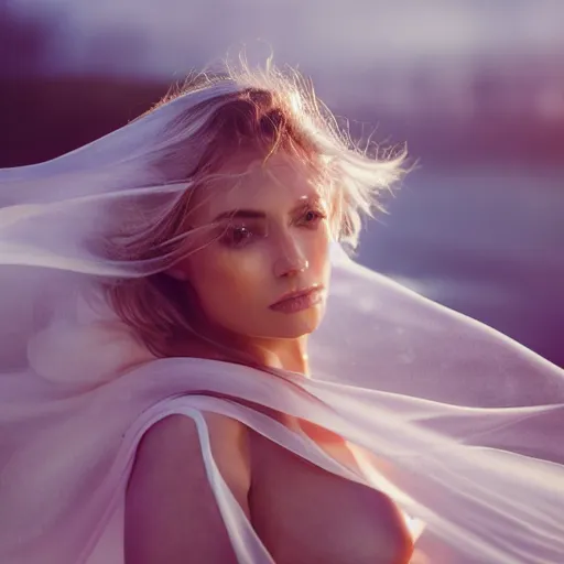 Image similar to filmstill photography of female body covered with white translucent blanket acrylic liquid colors, luxurious supermodel photoshooting, golden jewelry, bokeh, godrays, strong wind, wrinkles, sunrays, sunset, lens flare