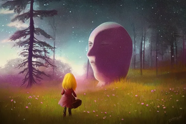 Image similar to giant daisy flower as face, girl walking in forest, surreal photography, dark night, stars, moon light, impressionist painting, clouds, digital painting, artstation, simon stalenhag