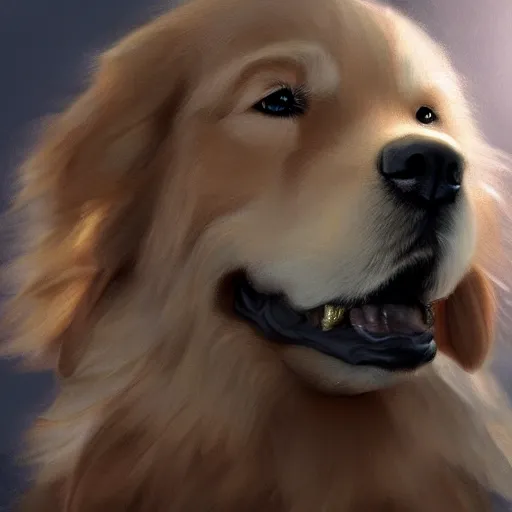 Prompt: portrait of a fluffy golden retriever dog, happy with his mouth open, D&D, fantasy, intricate, cinematic lighting, highly detailed, digital painting, artstation, concept art, smooth, sharp focus, illustration, art by JeeHyung lee