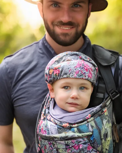 Image similar to gentlemen wearing a hat with floral print and wearing a baby sling on the back with a kitten in the sling, color studio portrait, golden ratio, backlit, happy, detailed eyes