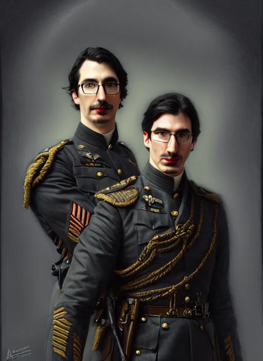 Prompt: a portrait of john oliver and adam driver posing together, stoic, military uniform, fantasy, intricate, elegant, beautiful, highly detailed, charcoal, centered, dark, smokey, digital painting, artstation, concept art, smooth, sharp focus, illustration, art by artgerm and greg rutkowski and alphonse mucha