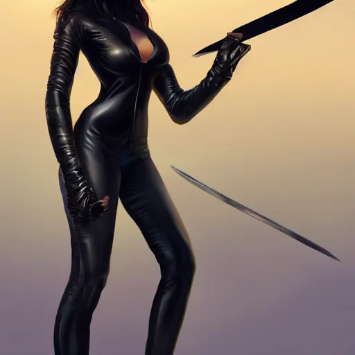 Prompt: a painting of woman wearing black skintight clothes holding a sword standing in a field, painting by mark brooks, trending on artstation, artstationHD, artsationHQ