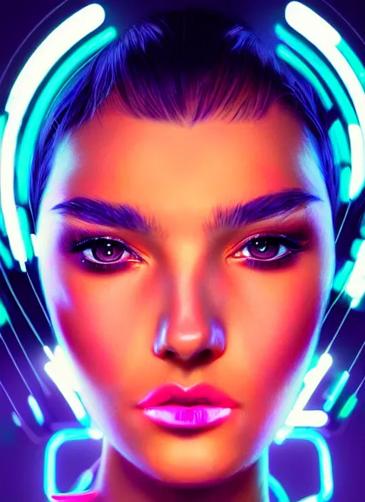 Image similar to photorealistic portrait of female humanoid, cyber neon lights, highly intricate, retro 6 0 s haute couture fashion, elegant, highly detailed, crispy quality, trending on artstation, trending on pinterest, glamor pose, no signature, no watermark, smooth, cinematic, art by artgerm and greg rutkowski