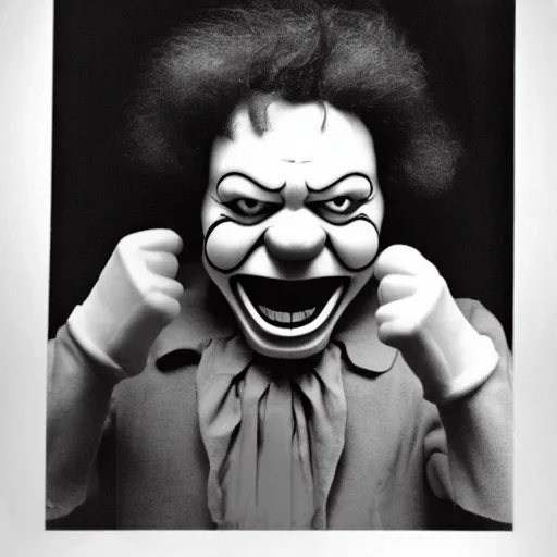 Image similar to creppy 2 0 0 1 photo of ronald mcdonald screaming in a dark room