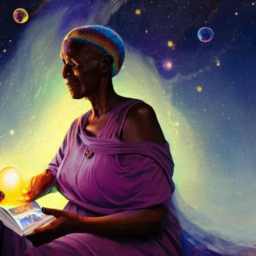 Image similar to an elder african psychic woman reading her crystal ball while holding a book of spells under a meteor shower, greg rutkowski and android jones and amanda sage, oil on canvas, vivid colors 8k