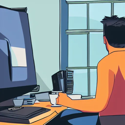 Prompt: man waiting in front of his computer for his friend to log in, digital art