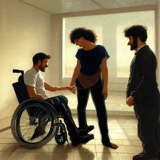 Prompt: a male patient in a wheelchair in the hospital with his wife and son standing by. happy, cheerful, smiling, intricate, face enhance, sharp focus, cinematic lighting, featured in artistation, 8 k, art by greg rutkowski, william adolphe bouguereau