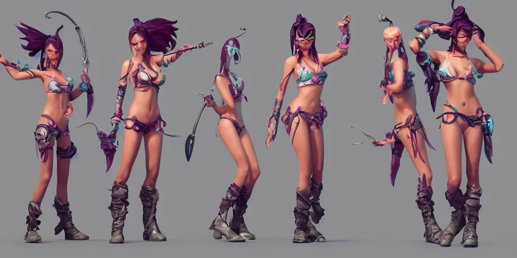 Prompt: beautiful character sheet of gorgeous pool party Akali (wild rift). 3d render, octane render, realistic, highly detailed, 4k, trending on artstation, pixar, cgsociety, unreal engine 5, redshift render, trending on artstation, blender, behance, cg