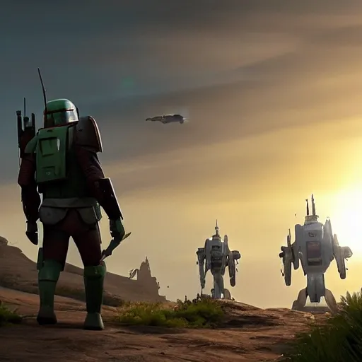 Image similar to Boba fett walking towards Slave 1, pixar style, beautiful lighting, Unreal engine