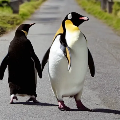 Prompt: penguins in dresses walking across the road