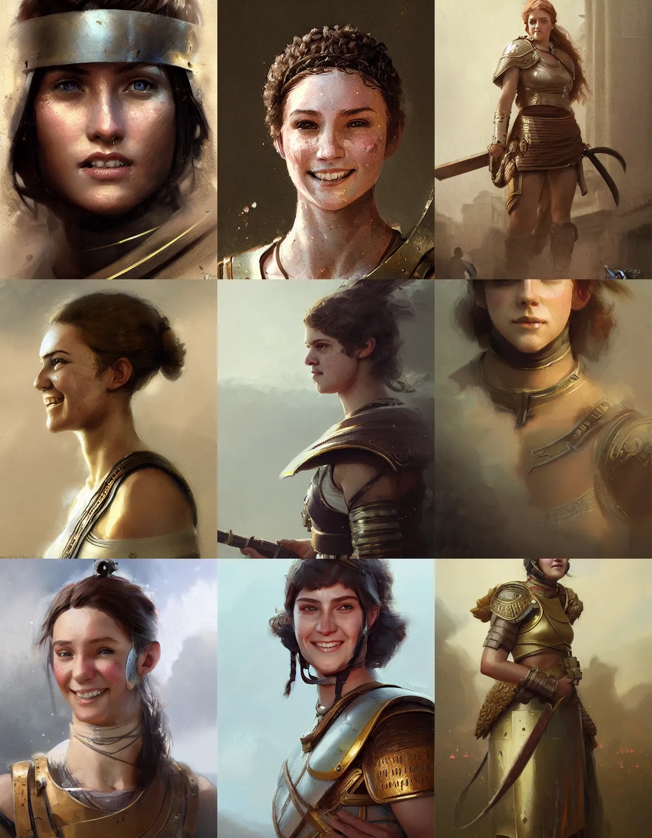 Prompt: young female roman legionnaire, smiling, digital portrait by greg rutkowski, intricate, soft focus, highly detailed, cinematic, epic, artstation