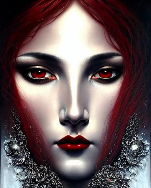 Image similar to portrait of a beautiful goddess, enigmatic beauty, dominant shades of black, silver, dark red, white, head in focus, fantasy art, ornamental aesthetics, intricate, elegant, highly detailed, hyperrealistic painting, artstation, concept art, painterly, sharp focus, illustration, art by karol bak