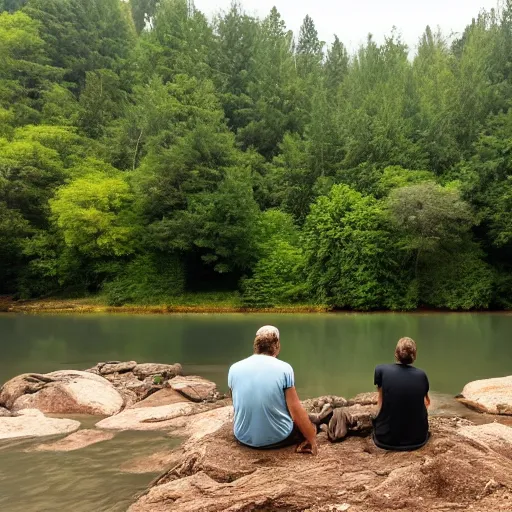 Prompt: two men sitting on a small damn on a river with a tree in the middle with a forest in the background