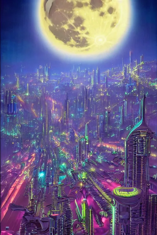 Image similar to full moon over futuristic city of light synthwave bright neon colors highly details cinematic vladimir kush, philippe dru, roger deal, michael whelan,