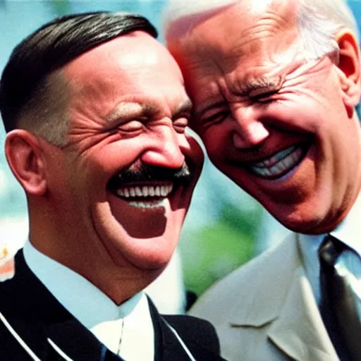 Prompt: “Very photorealistic photo of Hitler and Joe Biden laughing together, award-winning details”