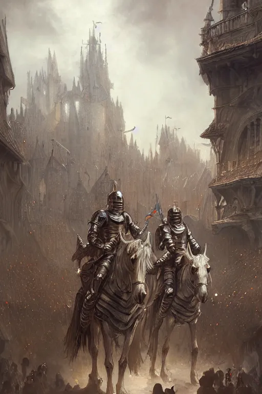 Image similar to medieval parade of knights, by wlop, by luis royo, by peter mohrbacher, concept art, digital illustration, intricate, masterpiece, elegant, super detailed, unreal engine rendering, smooth, sharp focus, artstation hq