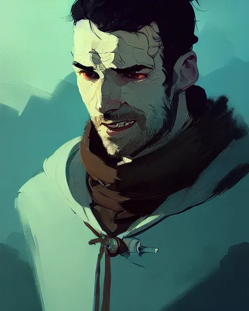 Image similar to portrait of 3 0 years old man from witcher by atey ghailan, by greg rutkowski, by greg tocchini, by james gilleard, by joe fenton, by kaethe butcher, dynamic lighting, gradient light blue, brown, blonde cream and white color scheme, grunge aesthetic