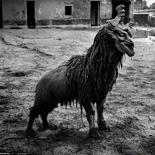 Prompt: horror, moody, still from film, daytime, muddy village square, wide shot, roaring mutant goat monster, powerful and huge, creeping on legs with hands instead of feet, filthy jagged teeth in gaping mouth, matted dirty fur, in muddy medieval village square