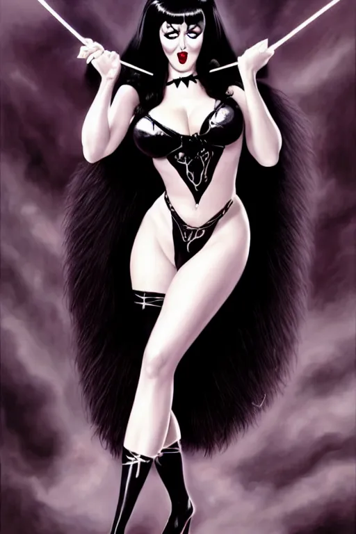 Prompt: a ( beautiful masterpiece highly detailed ) full body portrait illustration of intimate alluring elvira! mistress of the dark by ralph horsely and artgerm and joe jusko, raven black hair, porcelain white skin. bettie page, vampira, morticia addams, kat dennings, curvy, sexy pinup. trending on artstation