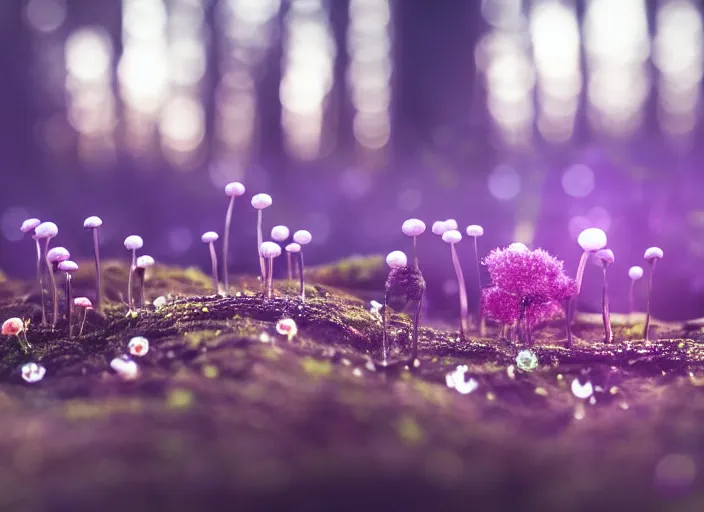 Prompt: a fantasy forest on an alien planet with delicate flowers and mushrooms that glow in the dusk, macro close up, f32, bokeh,