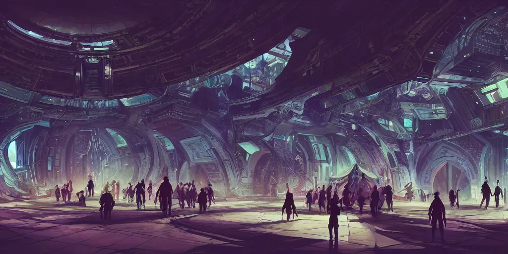 Prompt: cel shaded cinematic shot of the interior of a sci-fi space station with ornate Elven architecture bustling with people, epic castle, emerald, crystalline, detailed illustration, sharp focus, concept art