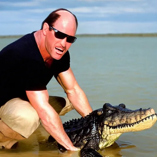 Image similar to steve austin wrangles a crocodile