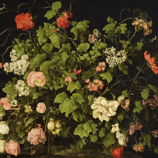 Image similar to flowers and ivy in a garden at night, a flemish baroque painting by jan van kessel the younger, black background, intricate high detail masterpiece