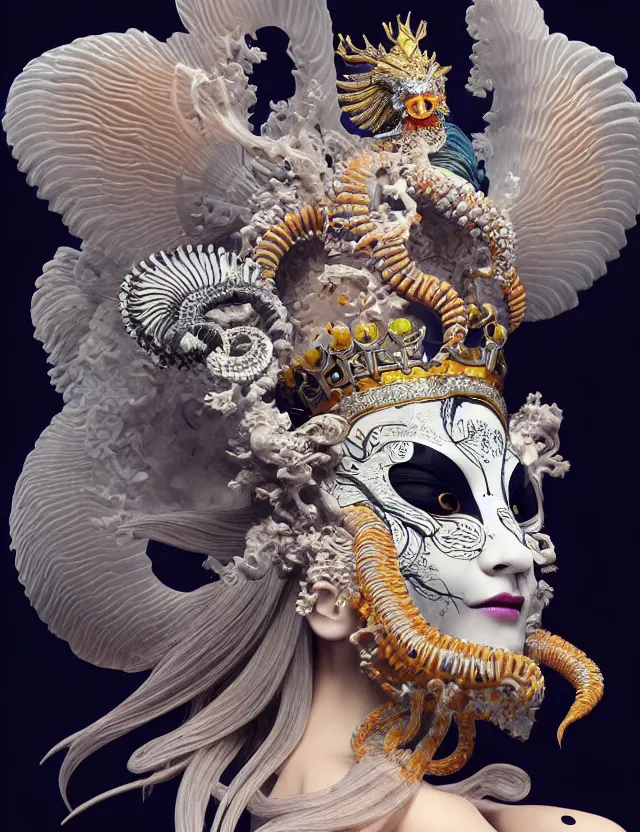 Image similar to 3 d goddess close - up profile portrait with crown, ram skull. beautiful intricately detailed japanese crow kitsune mask and clasical japanese kimono. betta fish, jellyfish phoenix, bio - luminescent, plasma, ice, water, wind, creature, artwork by tooth wu and wlop and beeple and greg rutkowski