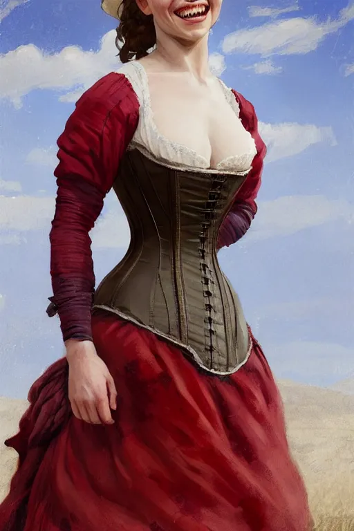 Image similar to Emilia Clarke smiling warmly in a 1800s American Corset in Red Dead Redemption, only two hands, highly detailed, digital painting, artstation, concept art, smooth, sharp focus, illustration, Unreal Engine 5, 8K, art by art by artgerm and greg rutkowski and edgar maxence