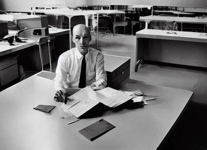 Image similar to an alien wearing a suit working a desk job at Area 51 in 1960s, archive photograph