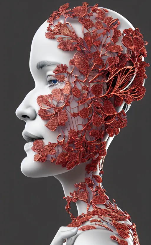 Image similar to complex 3d render ultra detailed of a beautiful porcelain profile woman face, mechanical cyborg, 150 mm, beautiful 3 point lighting, rim light, silver gold red details, luxurious magnolia with leaves and stems, roots, Alexander Mcqueen haute couture, fine foliage lace, mesh wire, filigran intricate details, hyperrealistic, mandelbrot fractal, anatomical, robotic parts, facial muscles, cable electric wires, microchip, elegant, octane render, 8k post-processing