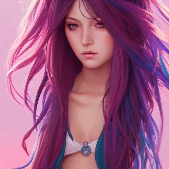 Image similar to portrait of beautiful symmetrical anime girl, rainbow hair, attractive, casual, modern, victoria's secret, highly detailed, digital painting, artstation, concept art, smooth, sharp focus, illustration, art by artgerm, greg rutkowski and alphonse mucha, 8 k,