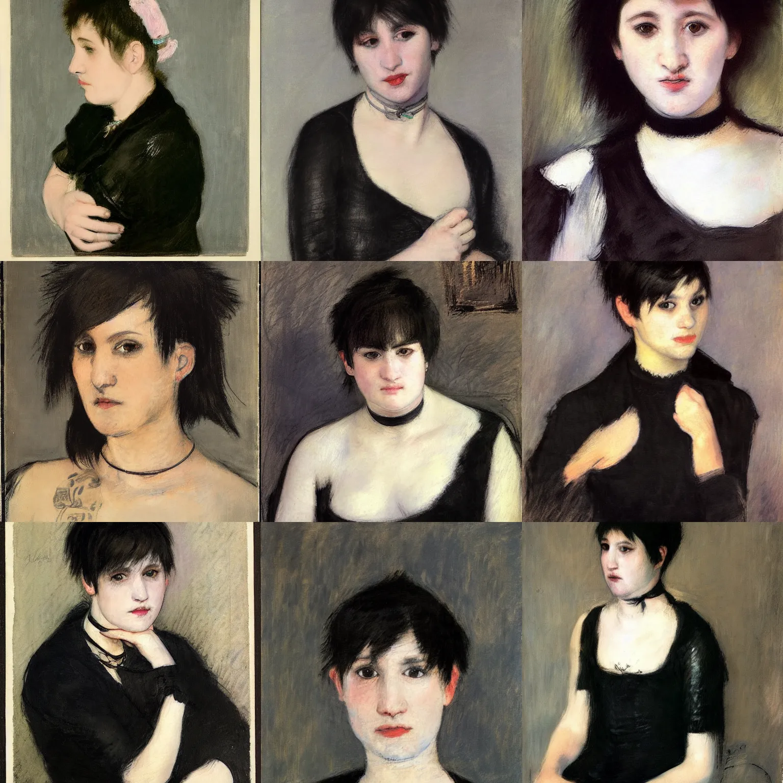 Prompt: an emo by mary cassatt. her hair is dark brown and cut into a short, messy pixie cut. she has large entirely - black eyes. she is wearing a black tank top, a black leather jacket, a black knee - length skirt, a black choker, and black leather boots.