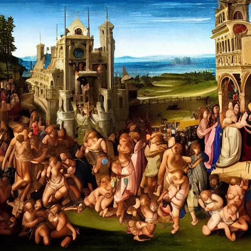 Image similar to renaissance painting of medieval waterpark, highly detailed, beautiful lighting